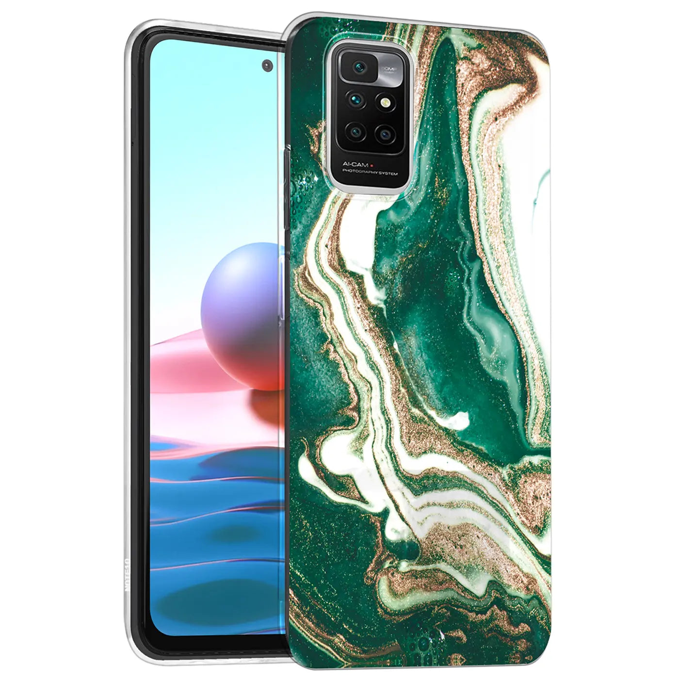 Grüne Marmor-Hülle mit Goldakzenten auf Xiaomi Redmi 10, von vorne.
