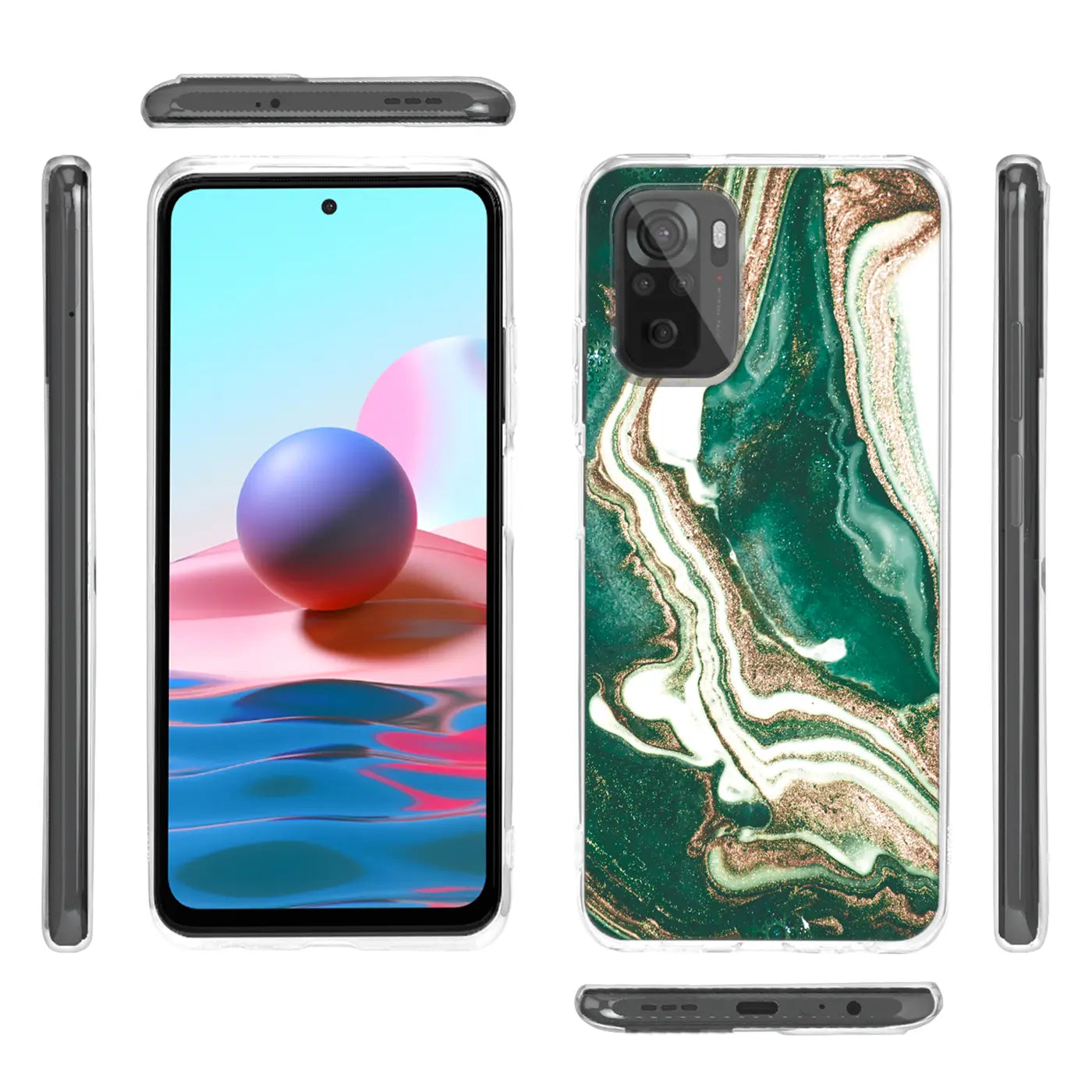 Xiaomi Redmi 10 Hülle, Marmor-Design, grün/gold/weiß, klare Rückseite, Vorder- und Rückansicht