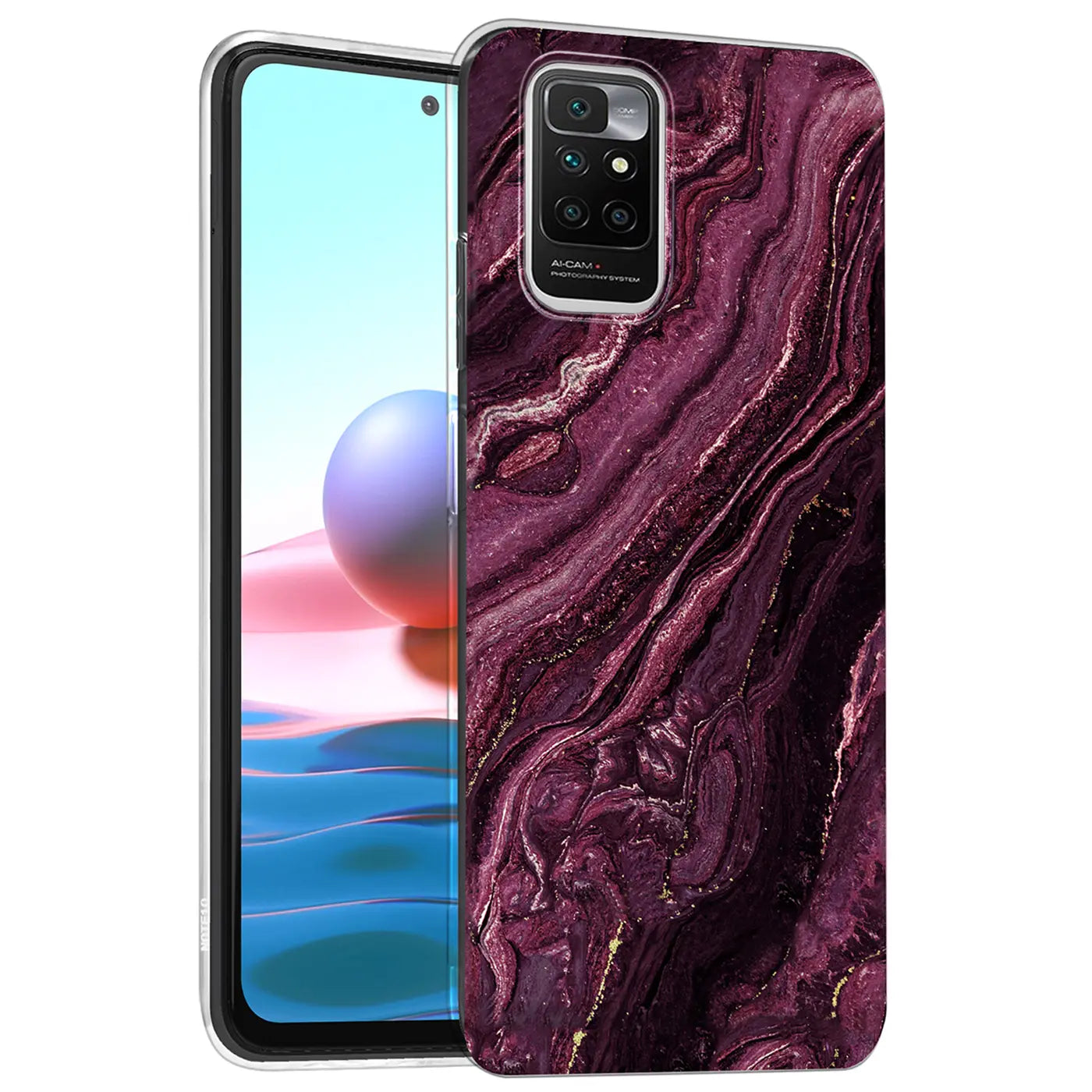 Lila Marmor-Design Hülle aus Kunststoff für Xiaomi Redmi 10, Nahaufnahme