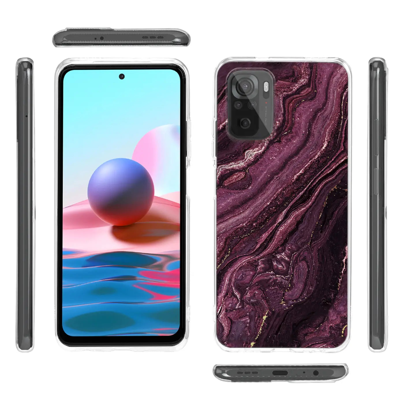 Xiaomi Redmi 10 Hülle, Marmor-Design, lila/gold, transparente Rückseite, von vorne/hinten/Seite