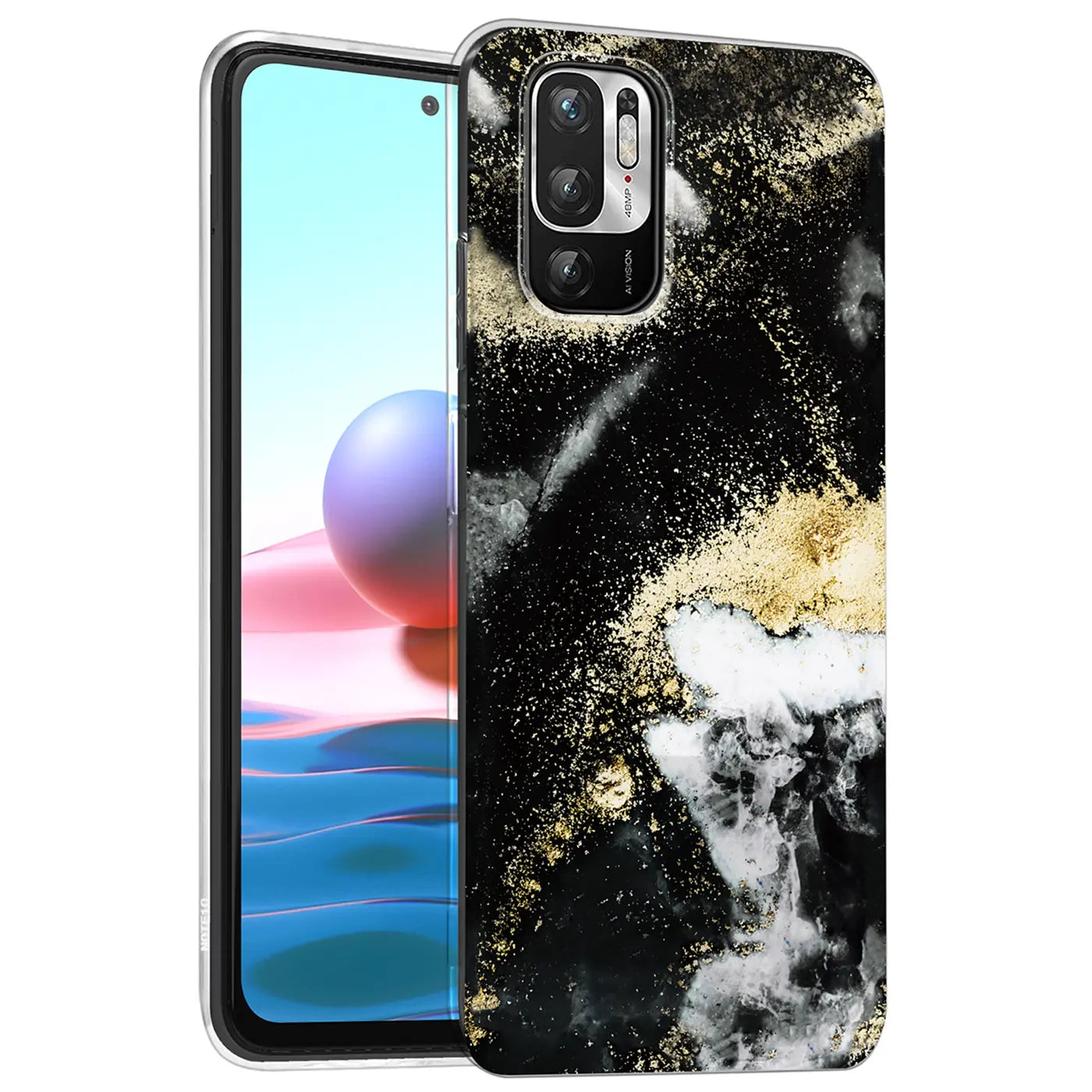 Xiaomi Redmi Note 10 5G Hülle, Marmor- & Sand-Design, Schwarz/Gold/Weiß, von vorne