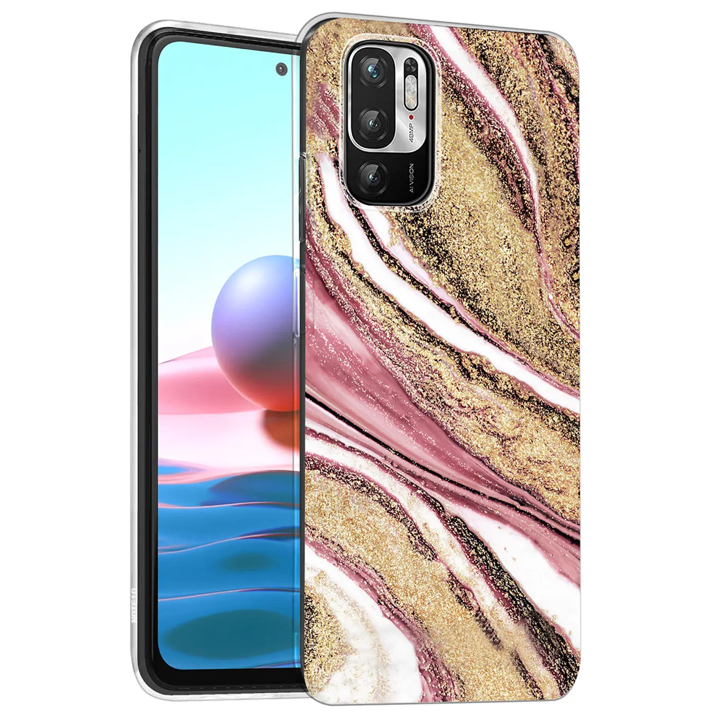 Xiaomi Redmi Note 10 5G Hülle, Marmor-Design, Pink/Gold, Kunststoff, Seitenansicht