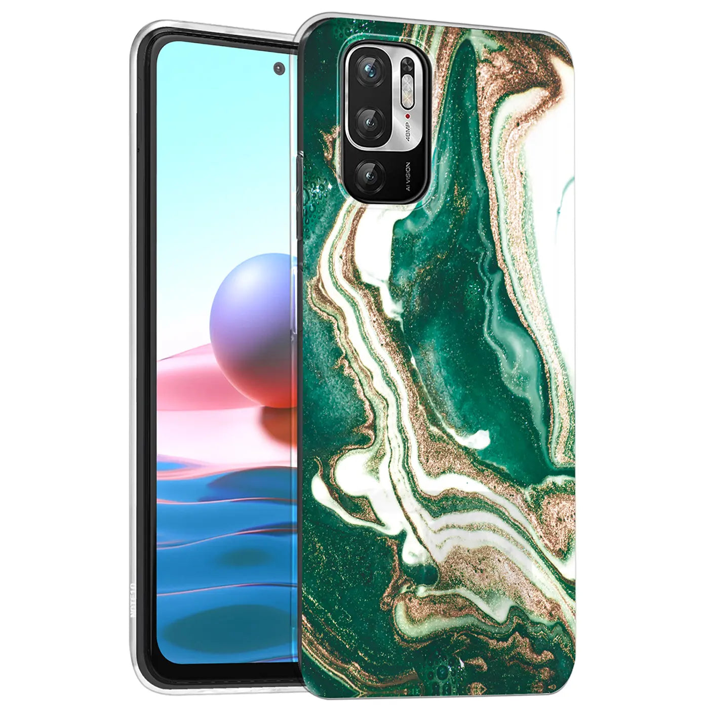 Grüne Marmor-Hülle mit Goldakzenten auf Xiaomi Redmi Note 10 5G, Seitenansicht