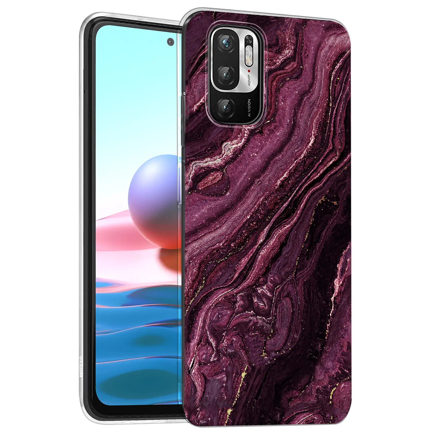Xiaomi Redmi Note 10 5G Hülle, lila Marmor-Design, von vorne, Kunststoff