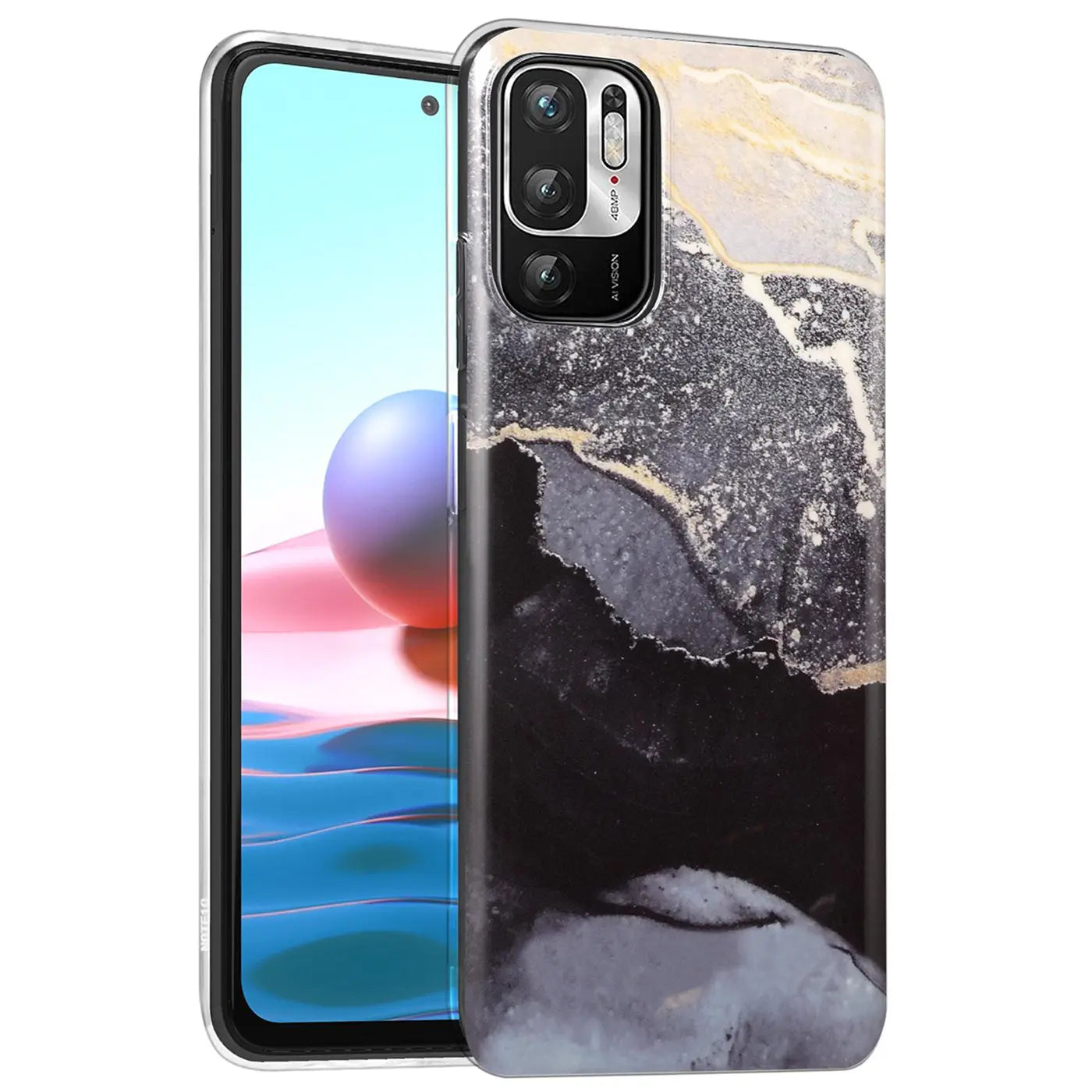 Xiaomi Redmi Note 10 5G Hülle, Marmor-Design, schwarz/grau/gold, von vorne/leicht schräg