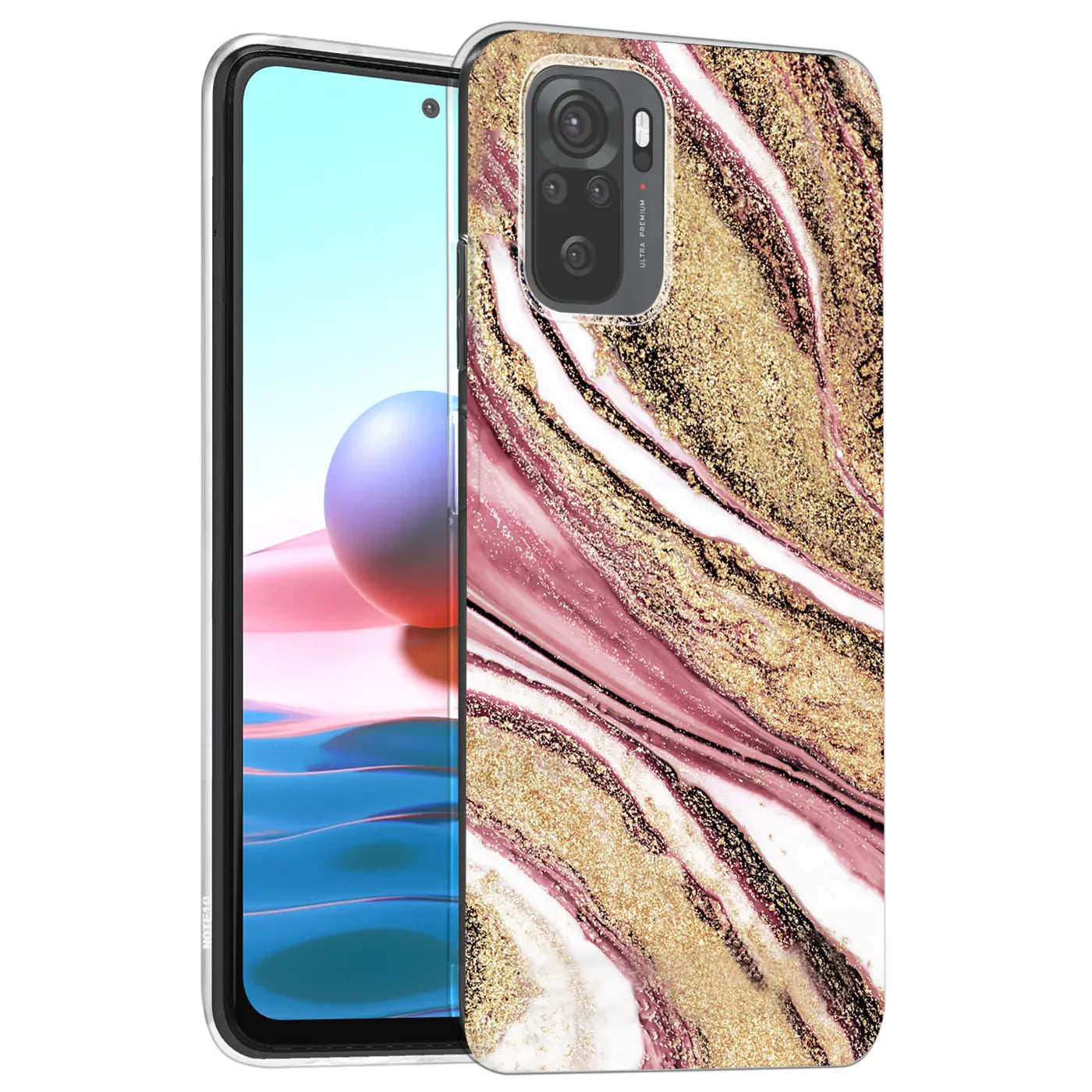 Xiaomi Redmi Note 10/10S Hülle mit Marmor-Muster in Rosa/Gold, von vorne, aus Kunststoff.