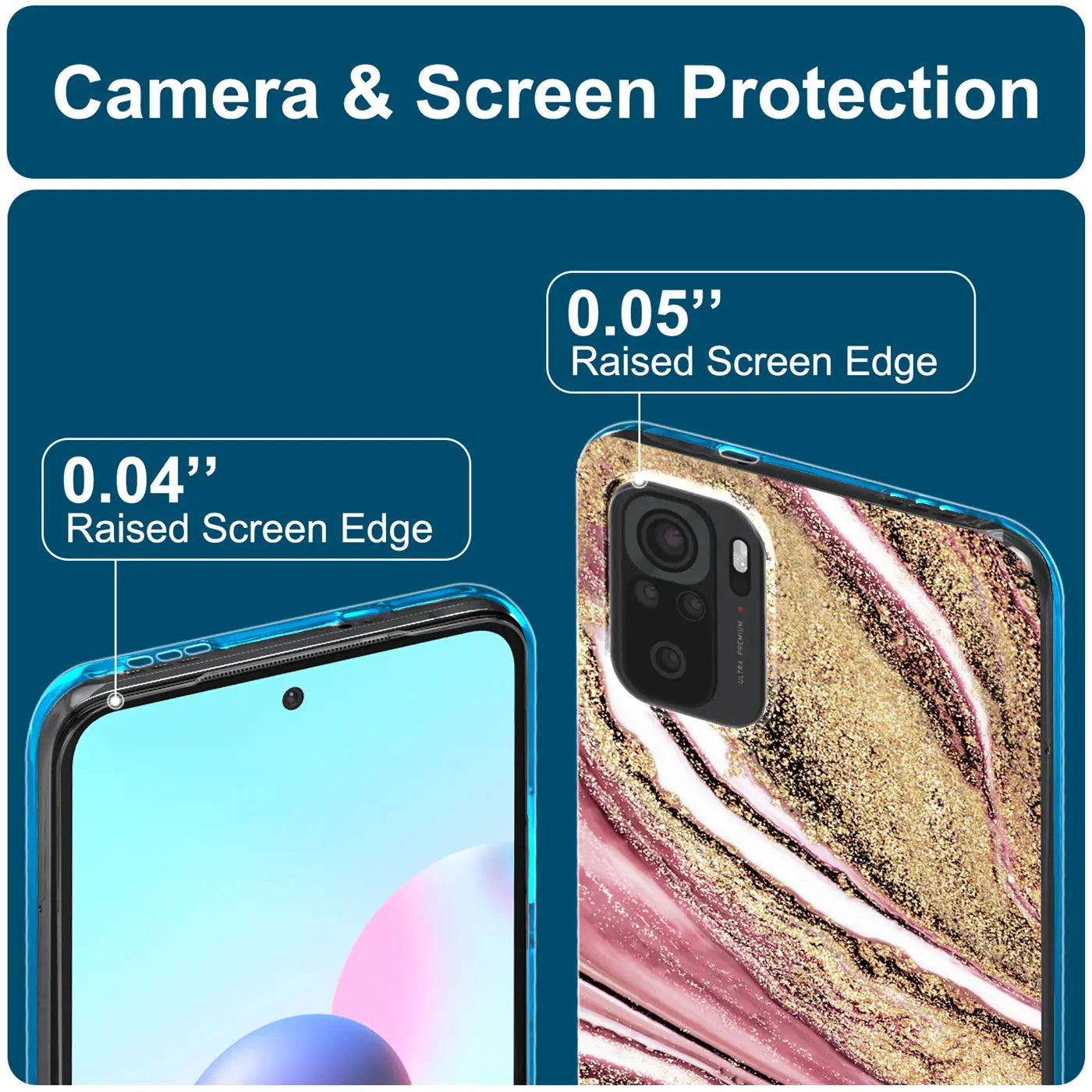 Xiaomi Redmi Note 10/10S Hülle mit Marmor-Design, Nahaufnahme, Rückseite mit Kamera.