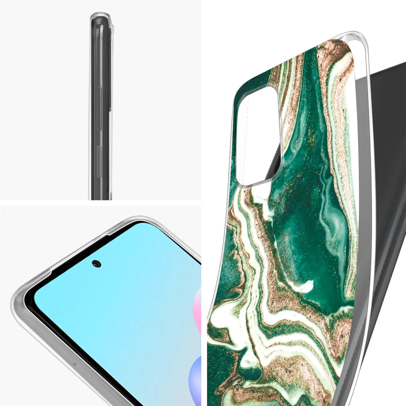 Grüne Marmor-Hülle mit Sand-Effekt, seitliche Ansicht und Vorderseite eines Xiaomi Redmi Note 10 / 10S.