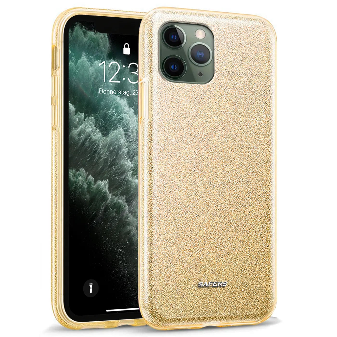 Goldene Glitzer TPU Hülle auf iPhone 11 Pro, von vorne schräg fotografiert.