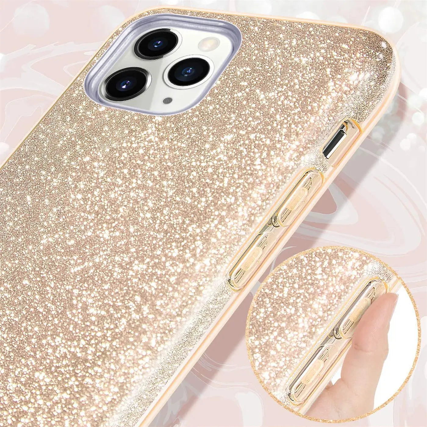 Goldfarbene Glitzer-TPU-Hülle für iPhone 11 Pro, Seitenansicht mit Nahaufnahme.