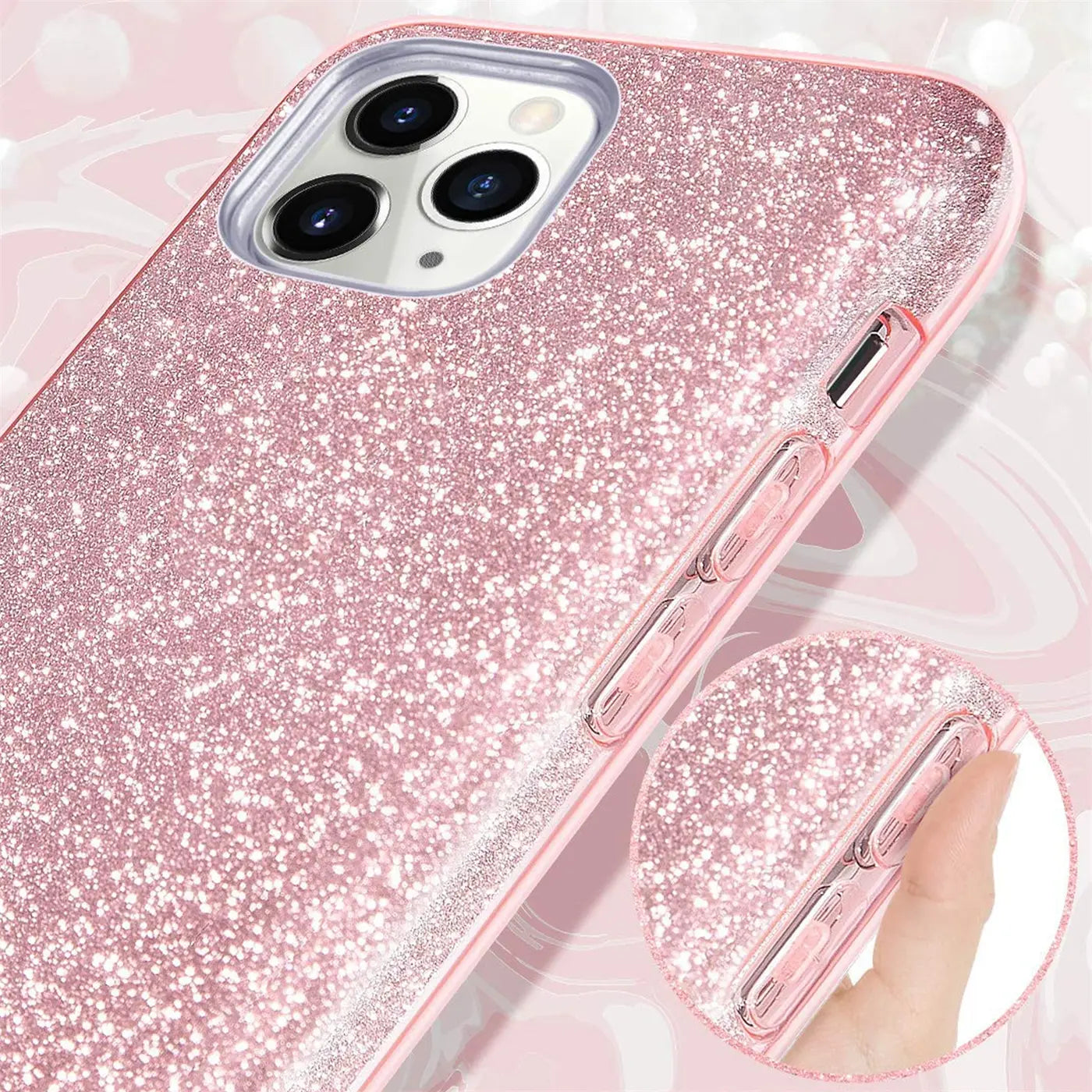 Rosa Glitzer TPU Hülle für iPhone 11 Pro Max, Seitenansicht.