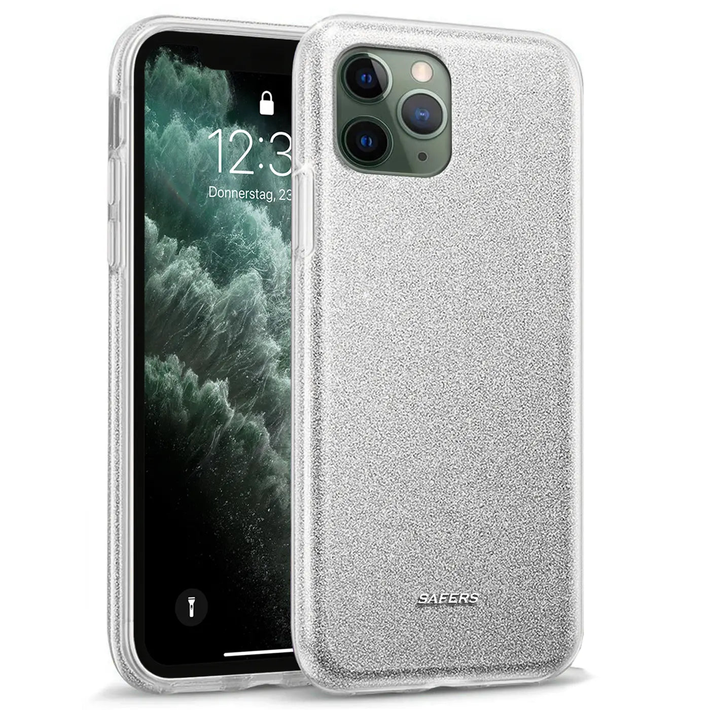Silberne Glitzer-TPU-Hülle für iPhone 11 Pro Max, von vorne schräg gezeigt.