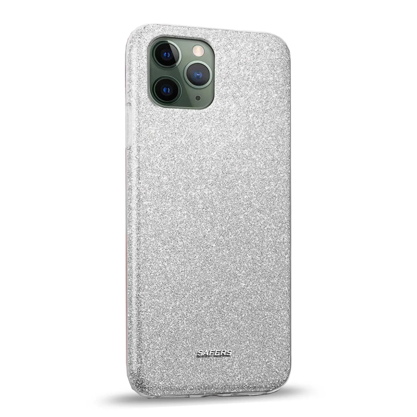 Silberne Glitzer-TPU-Hülle auf iPhone 11 Pro Max, Rückansicht.
