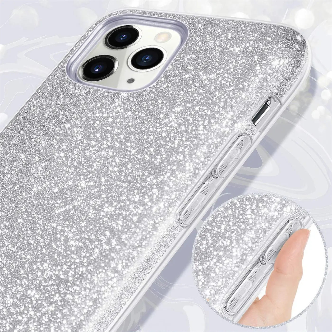 Silberne Glitzer-TPU-Hülle für iPhone 11 Pro Max, Nahaufnahme, Seitenansicht.