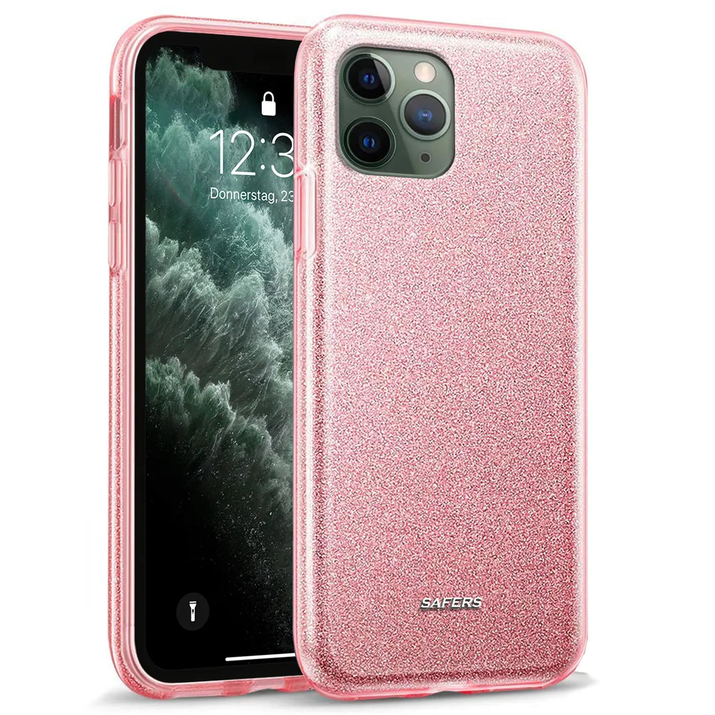 Rosa Glitzer TPU Hülle für iPhone 11 Pro, von vorne schräg gezeigt.