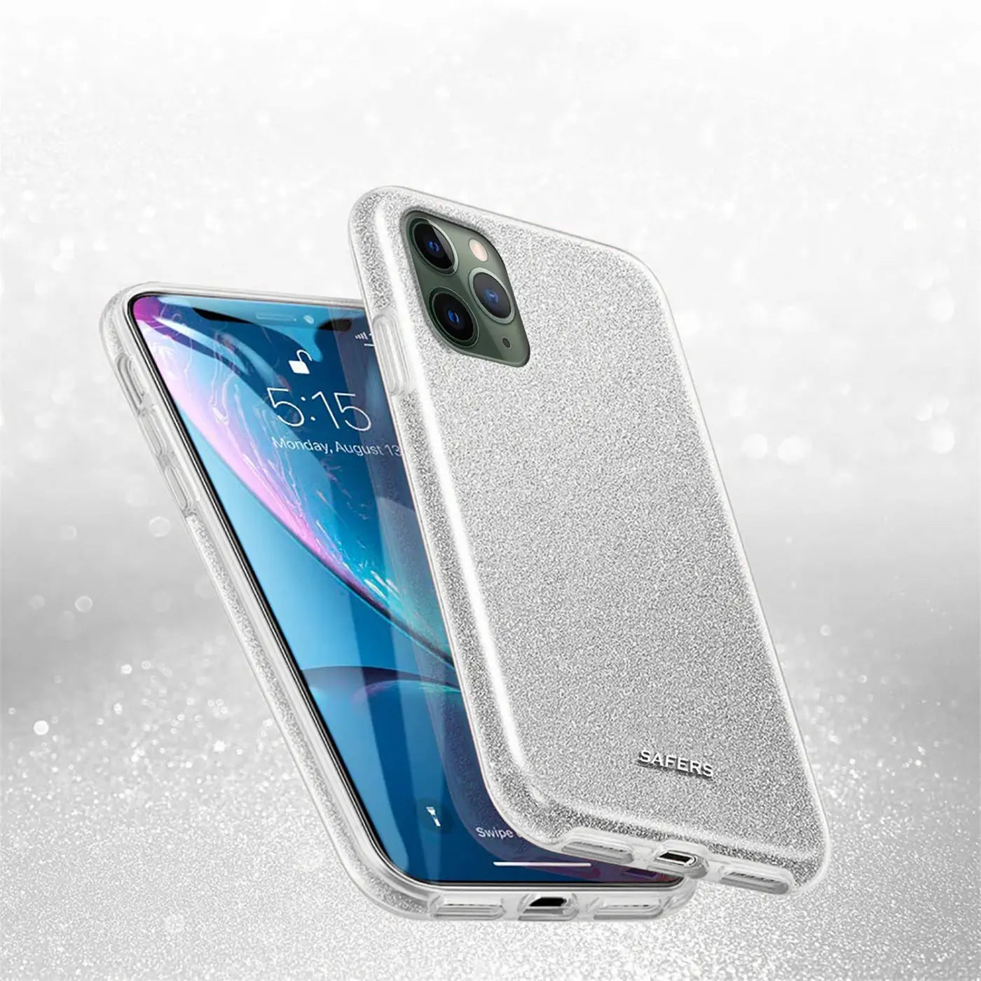 Silberne Glitzer TPU Hülle auf iPhone 11 Pro, von schräg vorne