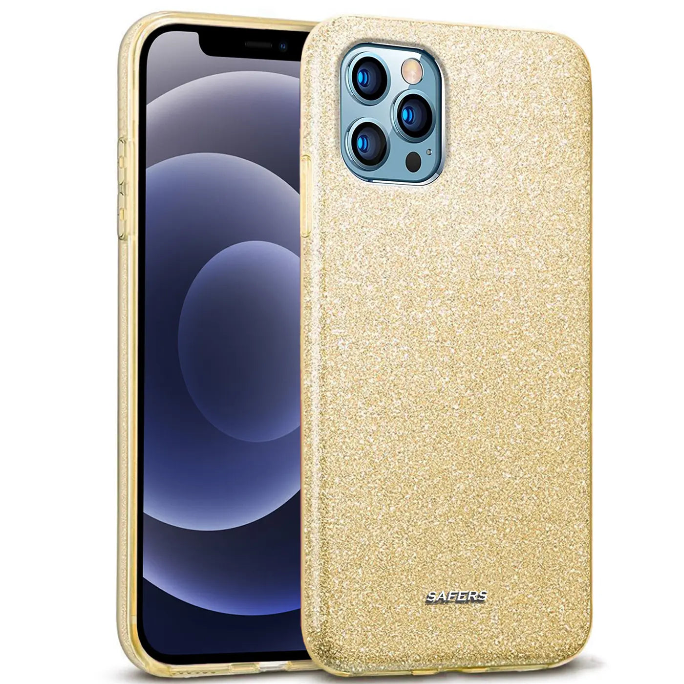 Goldene Glitzer-TPU-Hülle für iPhone 12 Pro Max, von vorne schräg gezeigt.