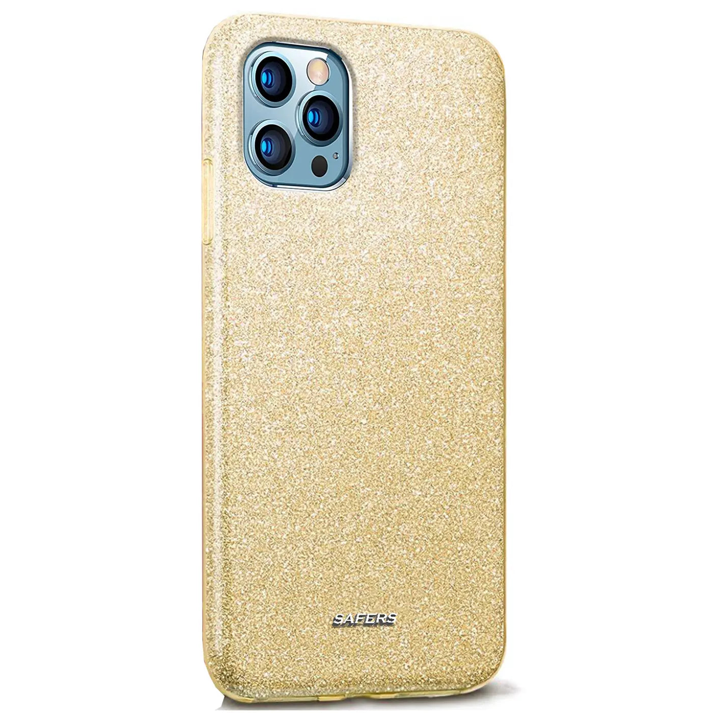 Goldene Glitzer TPU Hülle auf iPhone 12 Pro Max, Rückansicht, leicht schräg.