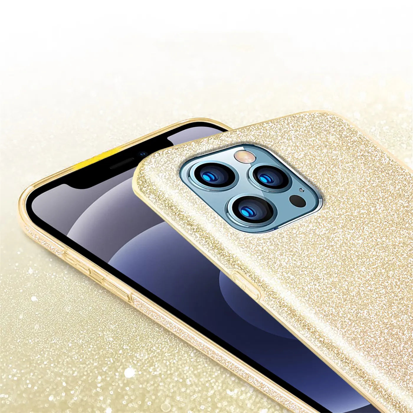 Goldene Glitzer-TPU-Hülle auf iPhone 12 Pro Max, Nahaufnahme von hinten