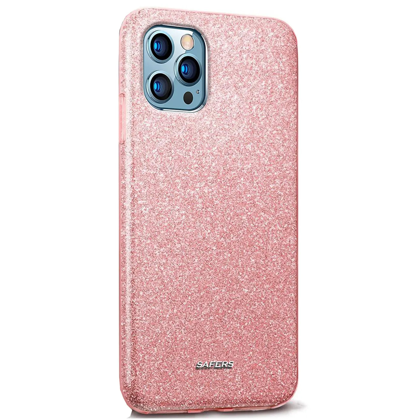 Rosa Glitzer TPU Hülle für iPhone 12 Pro Max, Rückansicht, leicht schräg.