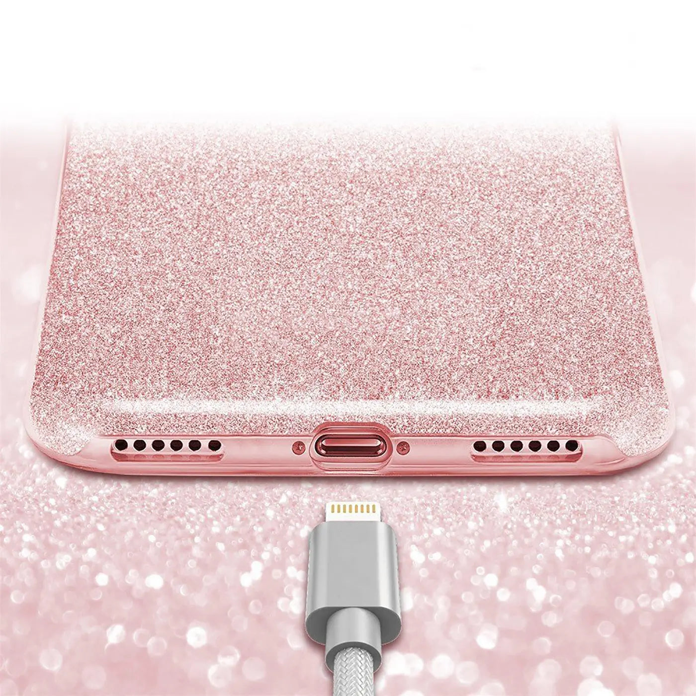 Rosa Glitzer TPU Hülle für iPhone 12 Pro Max, Nahaufnahme Unterseite mit Ladekabel