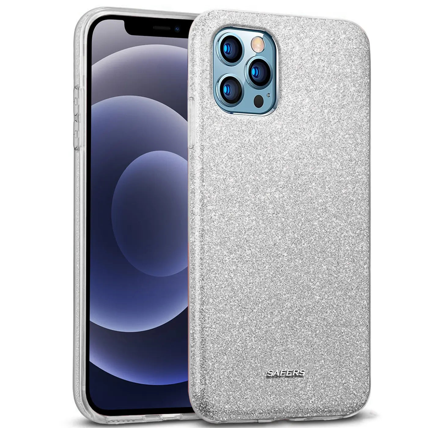 Silberne Glitzer-TPU-Hülle auf einem iPhone 12 Pro Max, von vorne links gesehen.
