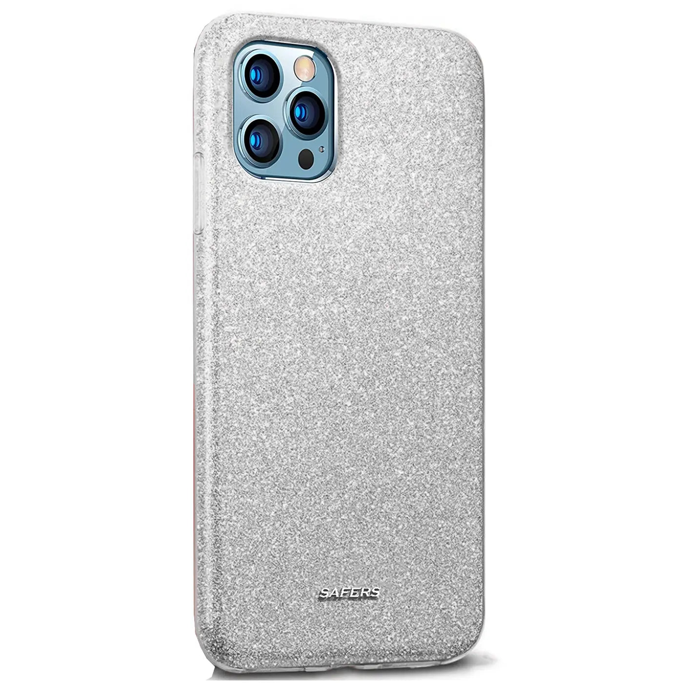 Silberne Glitzer-TPU-Hülle für iPhone 12 Pro Max, von schräg hinten gezeigt.