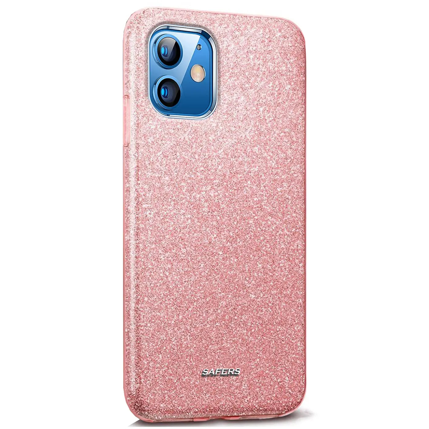 Rosa glitzernde TPU-Hülle für iPhone 12 / 12 Pro, von hinten, von oben gesehen.