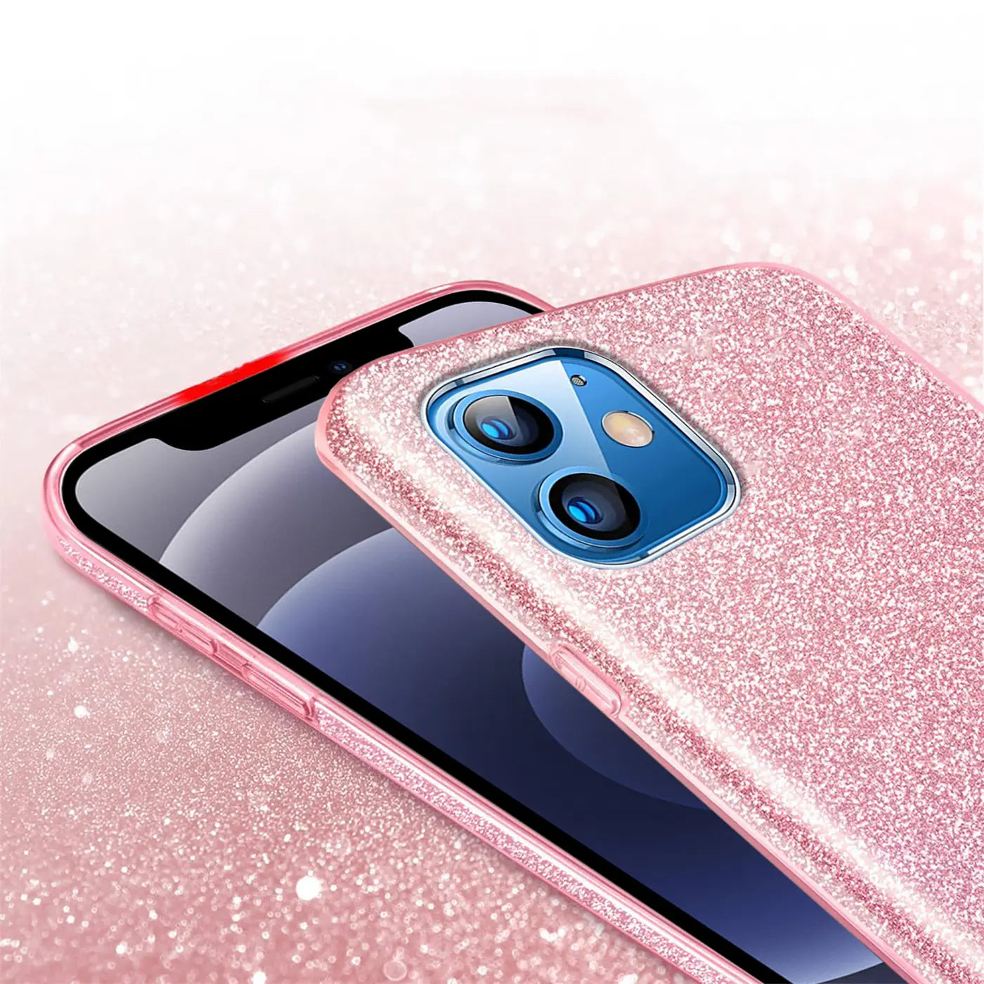 Rosa Glitzer TPU Hülle auf iPhone 12 / 12 Pro, Nahaufnahme von oben.