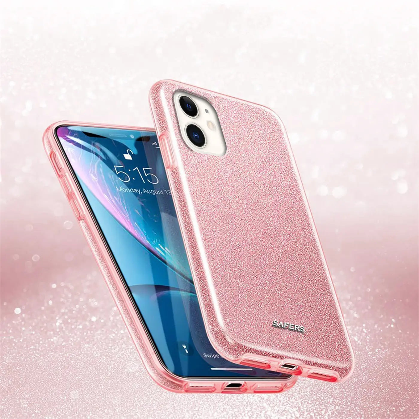 Rosa Glitzer TPU Hülle für iPhone 12/12 Pro, von vorne schräg gezeigt, mit Gerät.