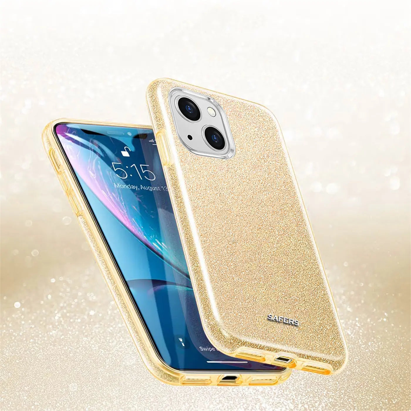 Goldfarbene Glitzer TPU Hülle für iPhone 13, von schräg vorne