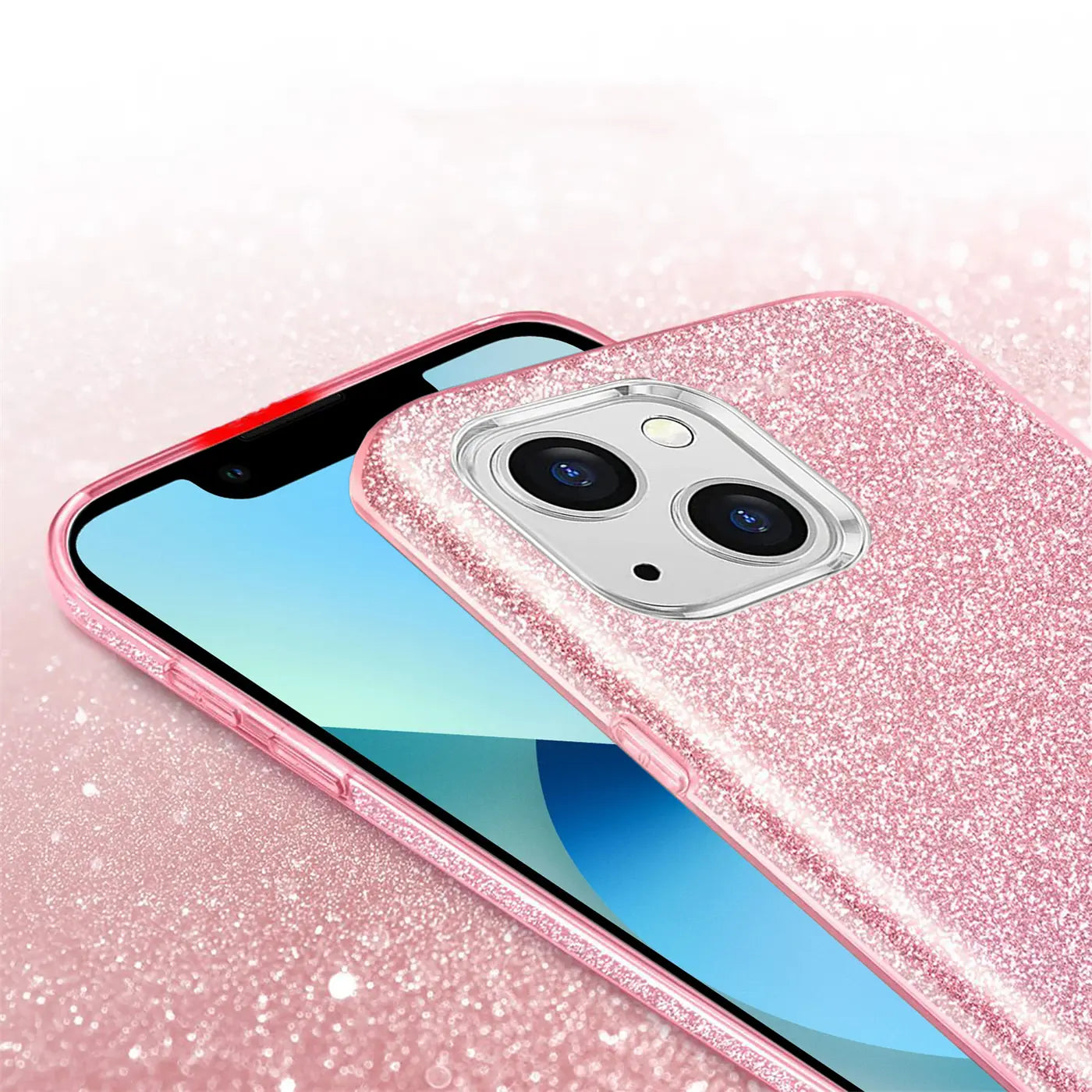 Rosa Glitzer TPU Hülle auf iPhone 13 Mini, Nahaufnahme von hinten
