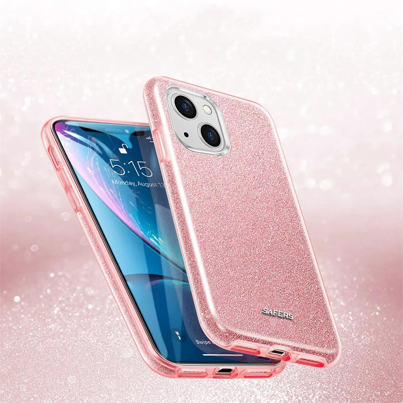 Rosa Glitzer TPU Hülle auf iPhone 13 Mini, Seitenansicht.