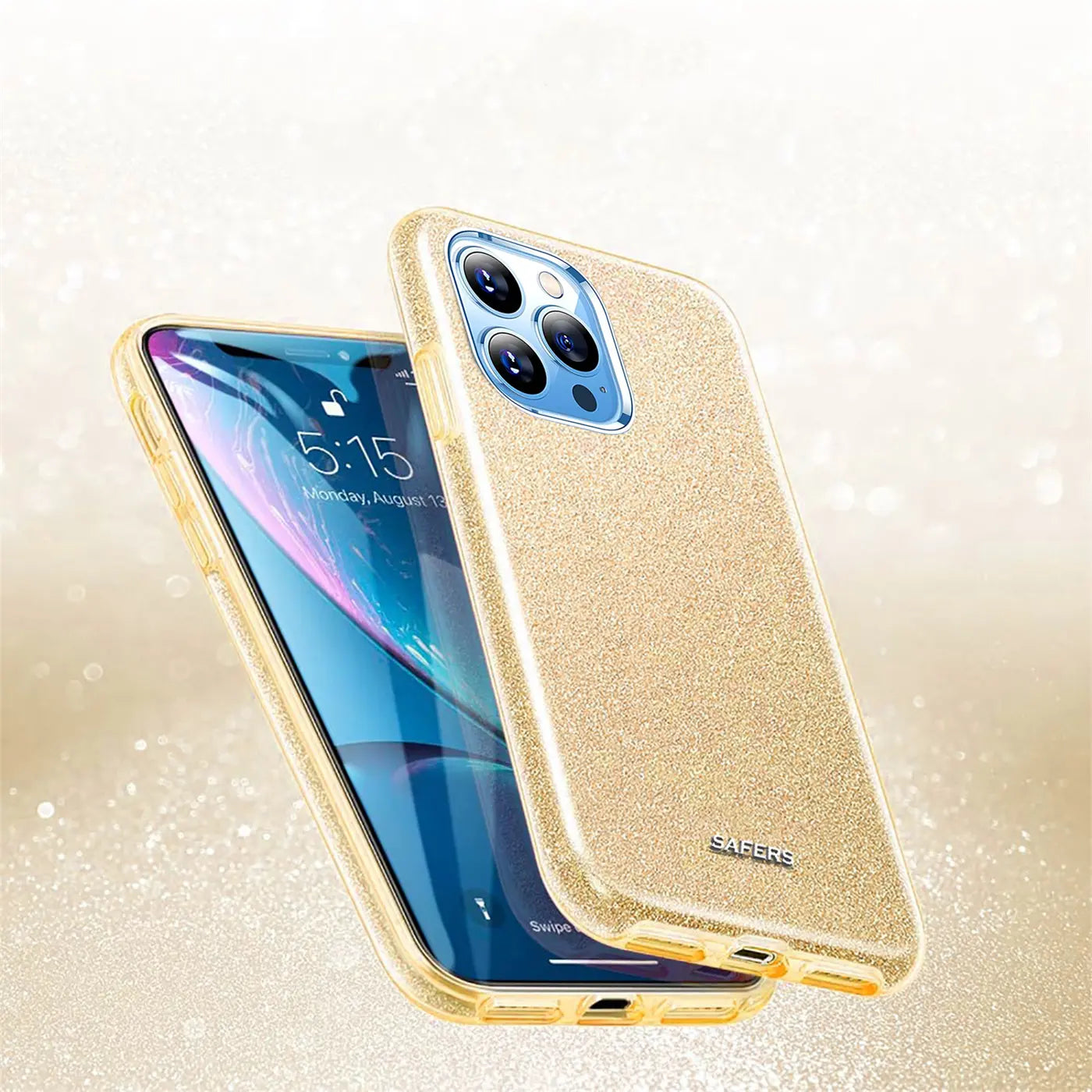 Goldene Glitzer TPU Hülle für iPhone 13 Pro, von schräg oben gesehen.