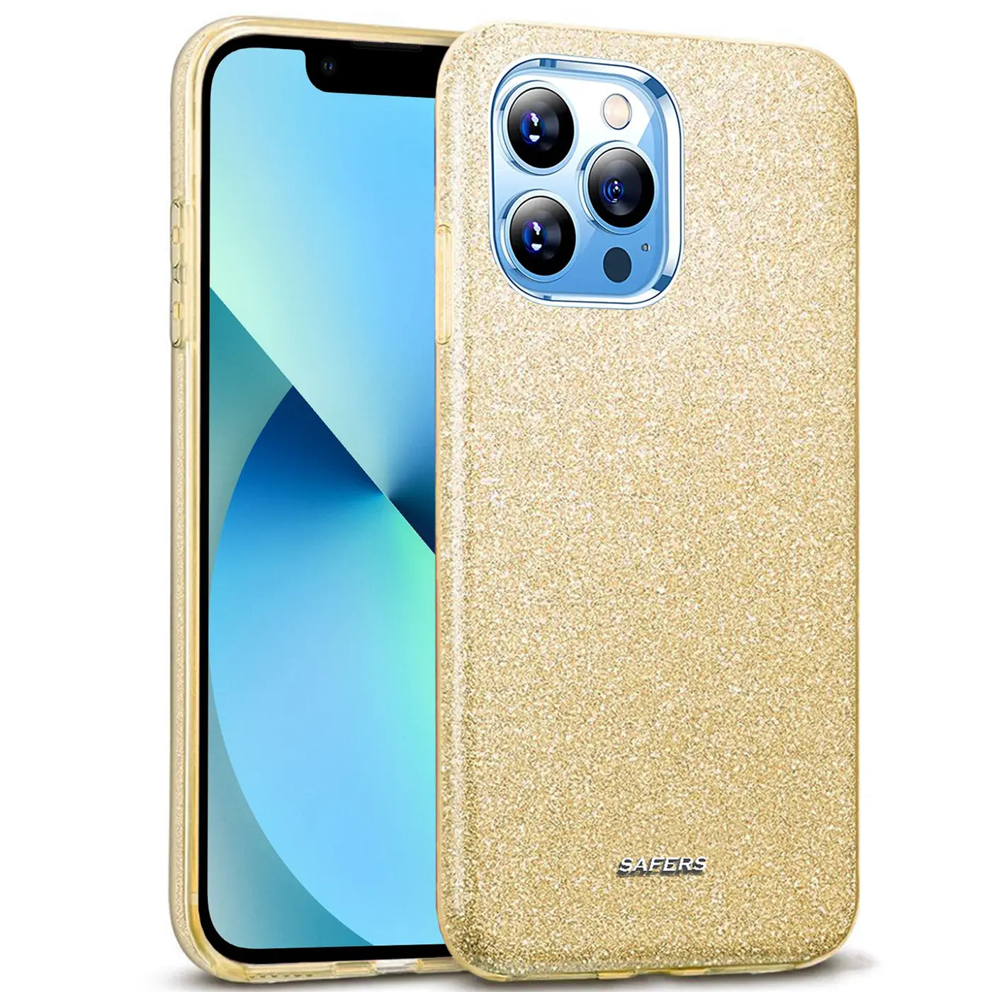 Goldene Glitzer TPU Hülle auf iPhone 13 Pro Max, von vorne links, Nahaufnahme.