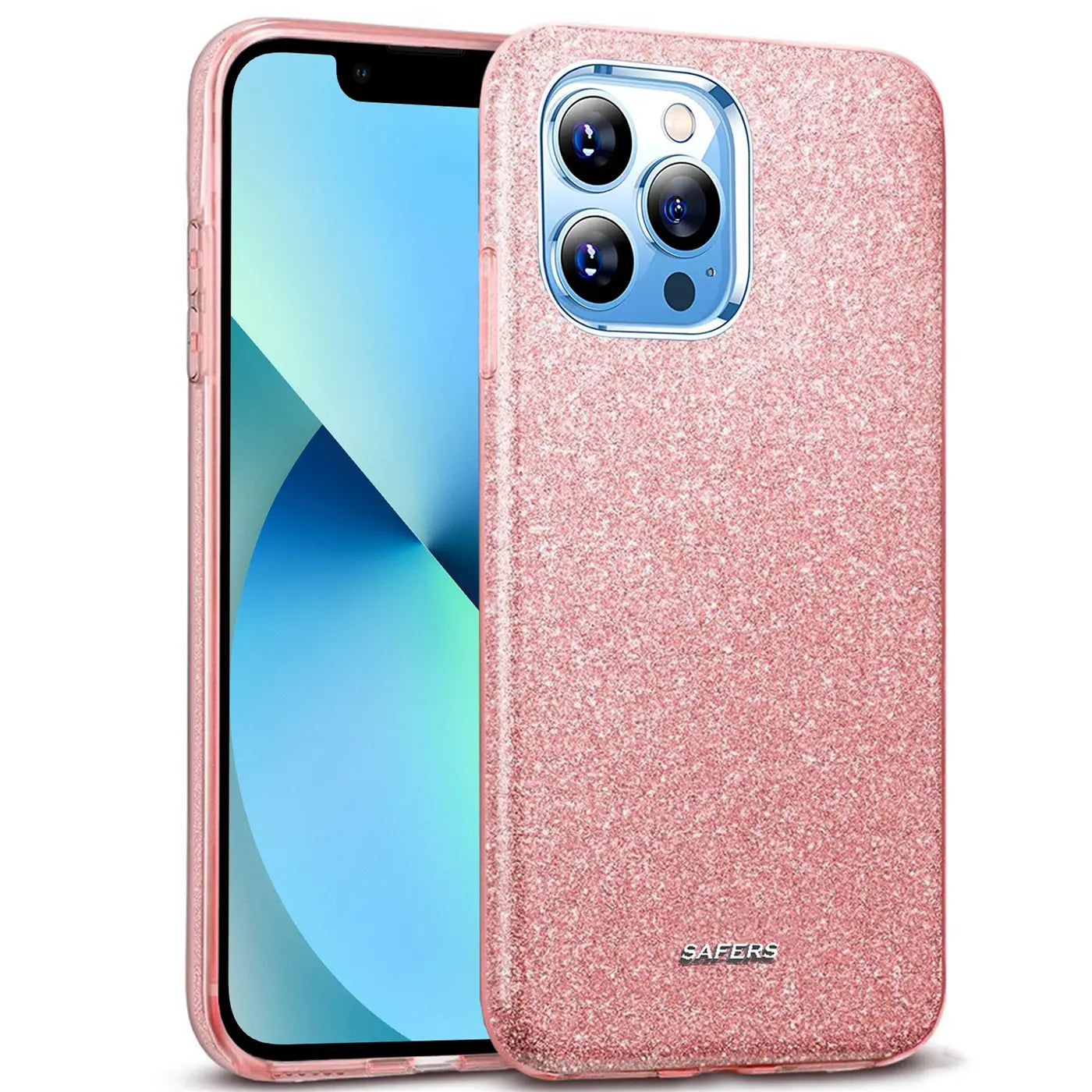 Rosa Glitzer TPU Hülle auf iPhone 13 Pro Max, von vorne leicht schräg