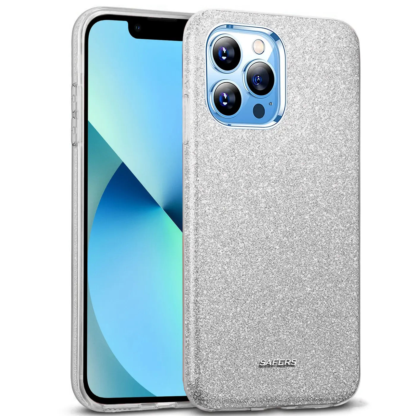 Silberne Glitzer-TPU-Hülle auf iPhone 13 Pro Max, Rückansicht.