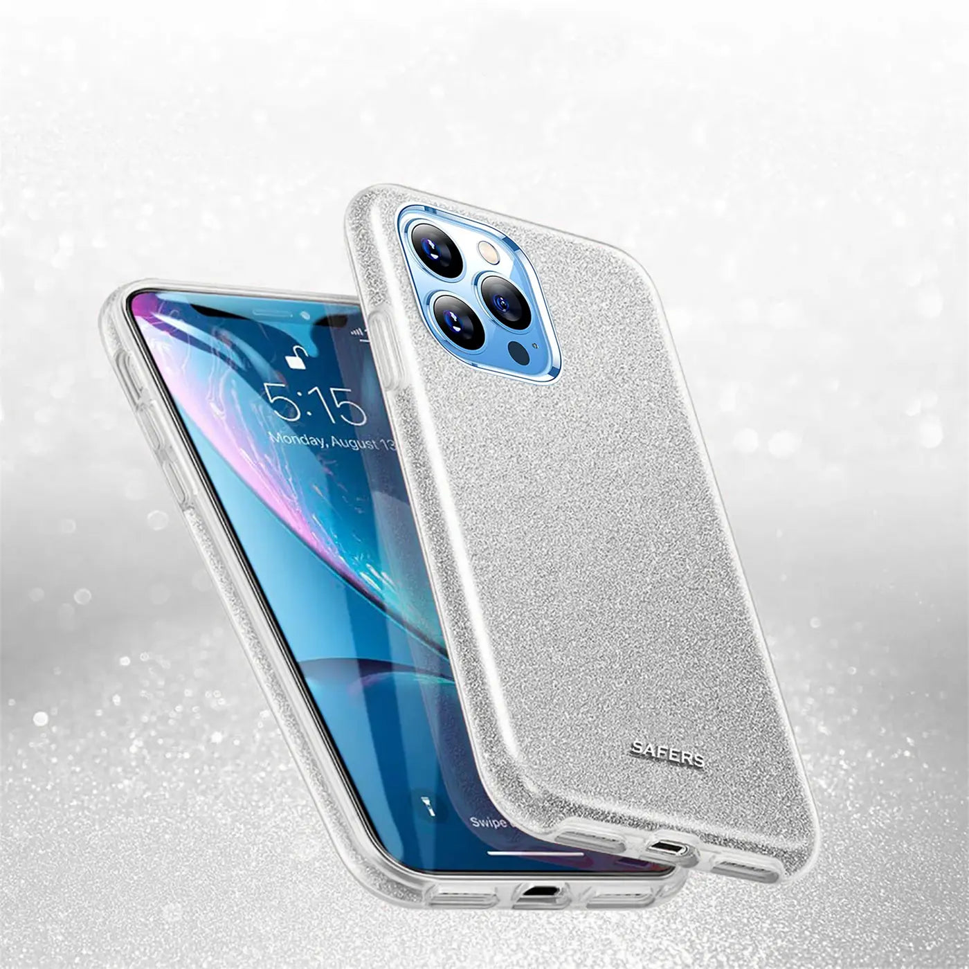 Silberne Glitzer-TPU-Hülle auf iPhone 13 Pro Max, von vorne links, schräg