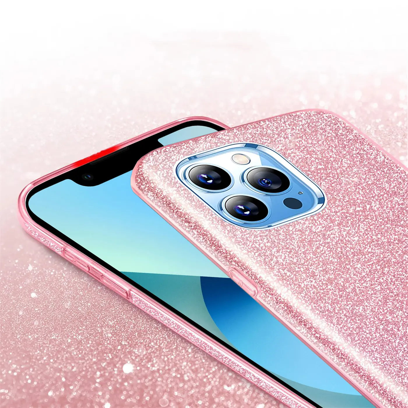 Rosa Glitzer TPU Hülle für iPhone 13 Pro, Rückansicht, Nahaufnahme.