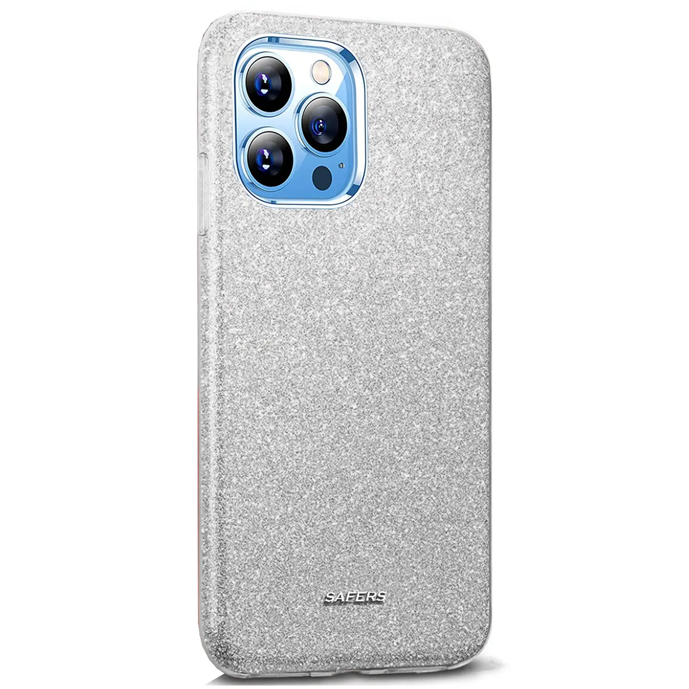 Silberne Glitzer-TPU-Hülle für iPhone 13 Pro, von hinten gesehen.