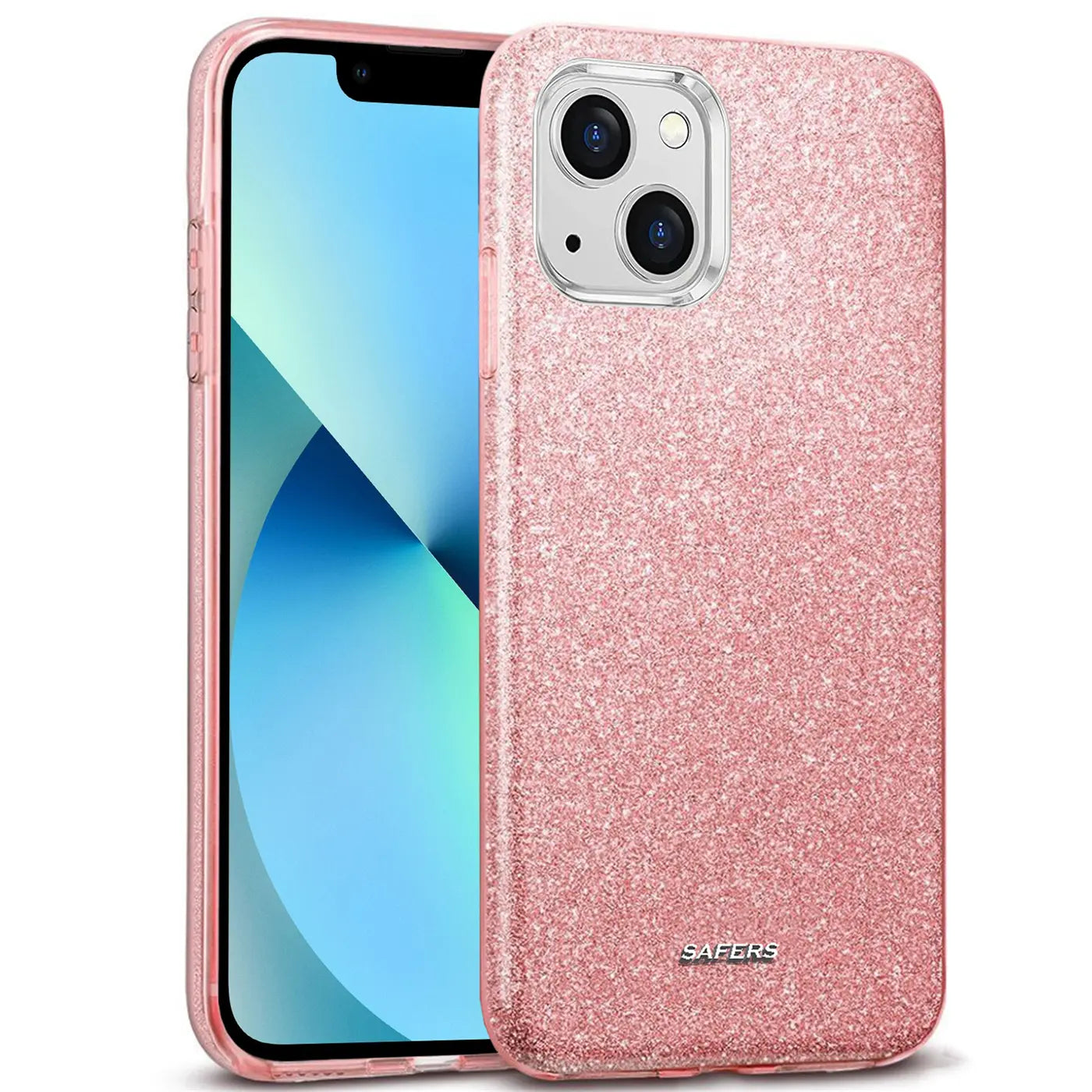 Rosa Glitzer TPU Hülle auf iPhone 13, Seitenansicht.