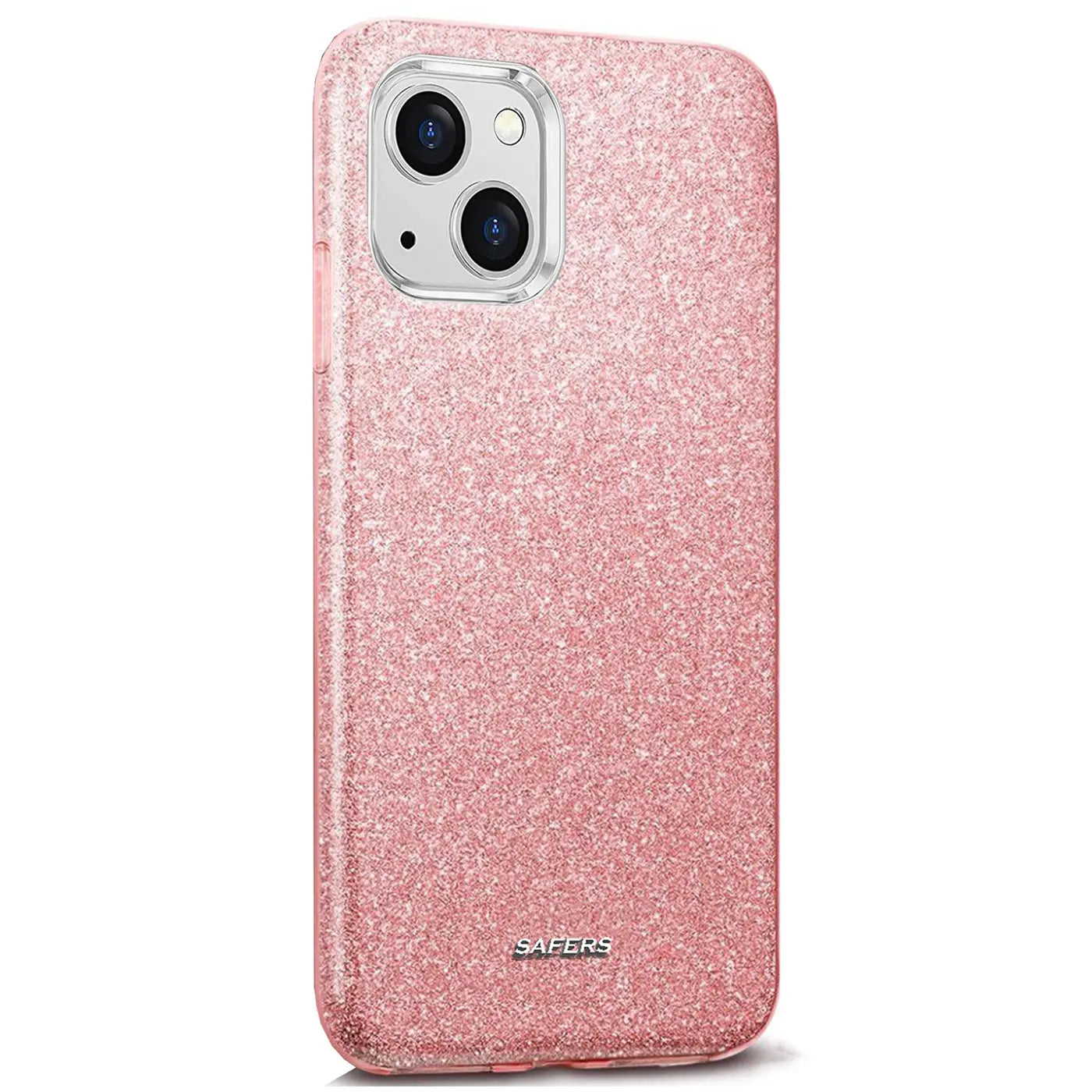 Rosa Glitzer TPU Hülle für iPhone 13, von vorne, leicht schräg.