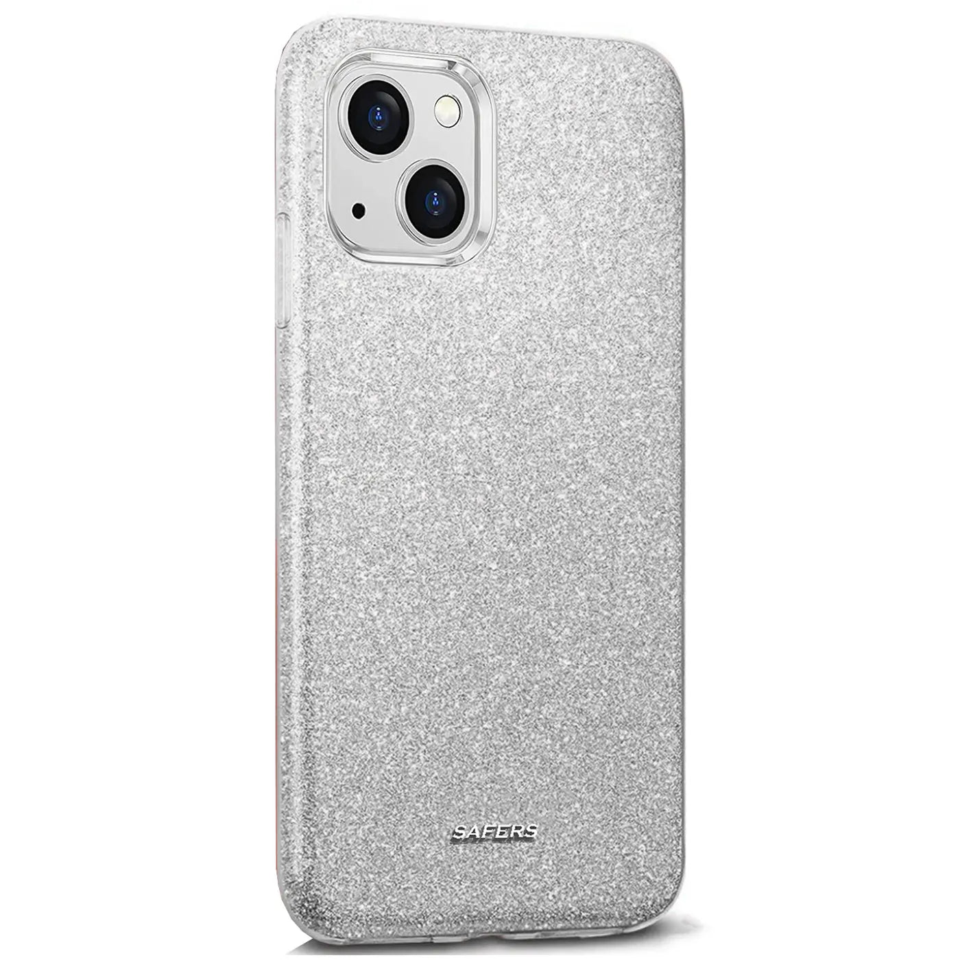 Silberne Glitzer TPU Hülle für iPhone 13, Rückansicht, leicht schräg.