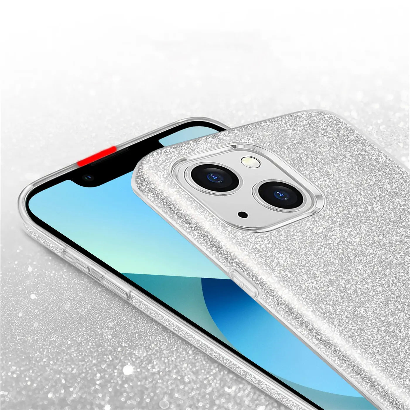 Silberne Glitzer TPU Hülle auf iPhone 13, Nahaufnahme von hinten.
