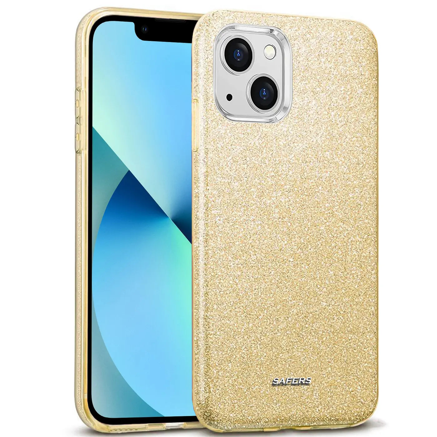 Goldene Glitzer TPU Hülle auf iPhone 14, von vorne rechts gesehen.