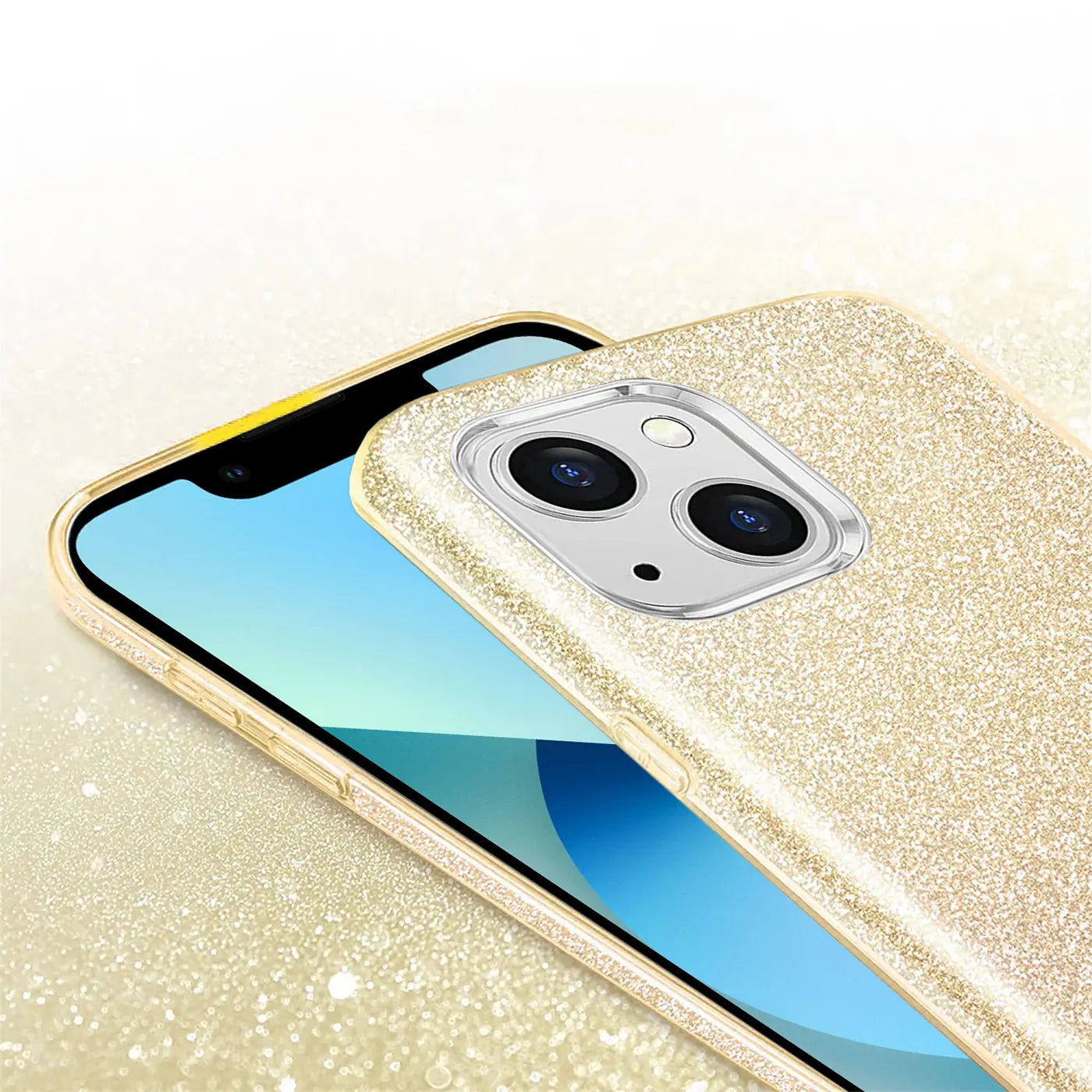 Goldene Glitzer-TPU-Hülle auf iPhone 14 Plus, Nahaufnahme von hinten.