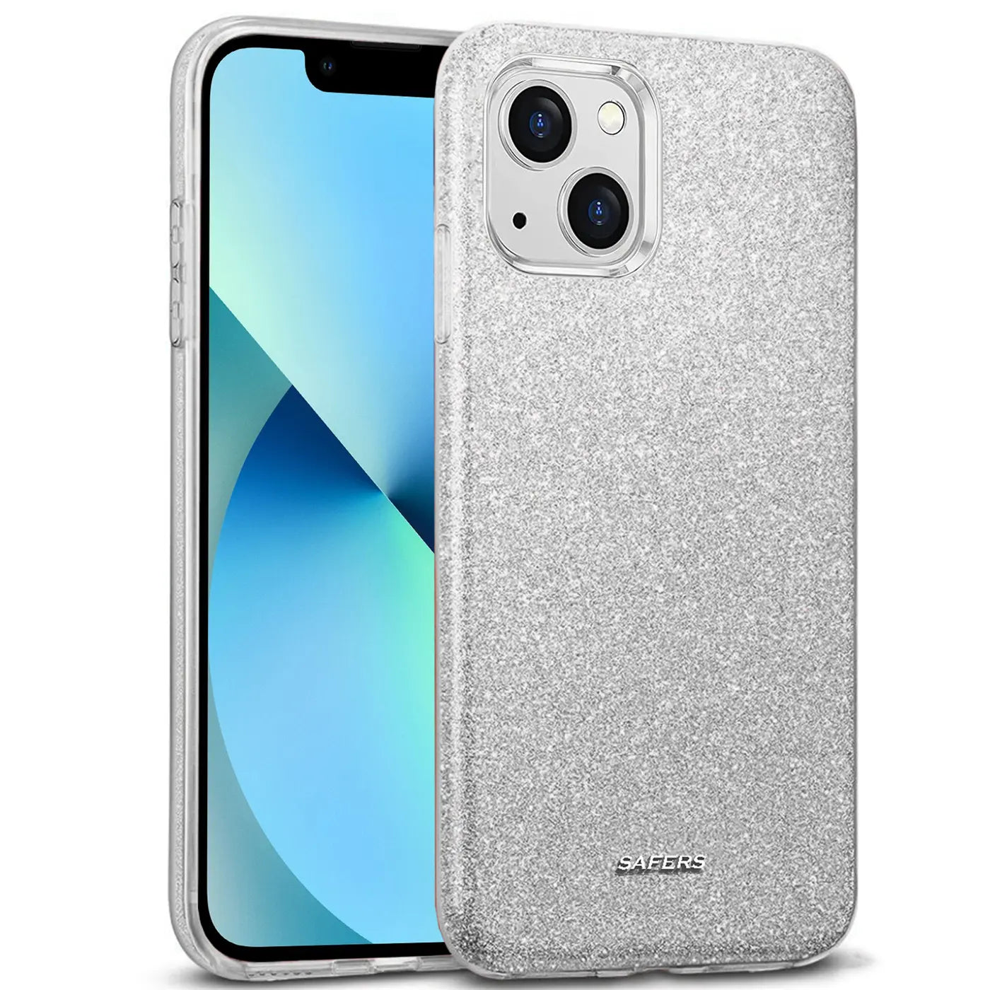 Silberne Glitzer-TPU-Hülle auf einem iPhone 14 Plus, von schräg vorne