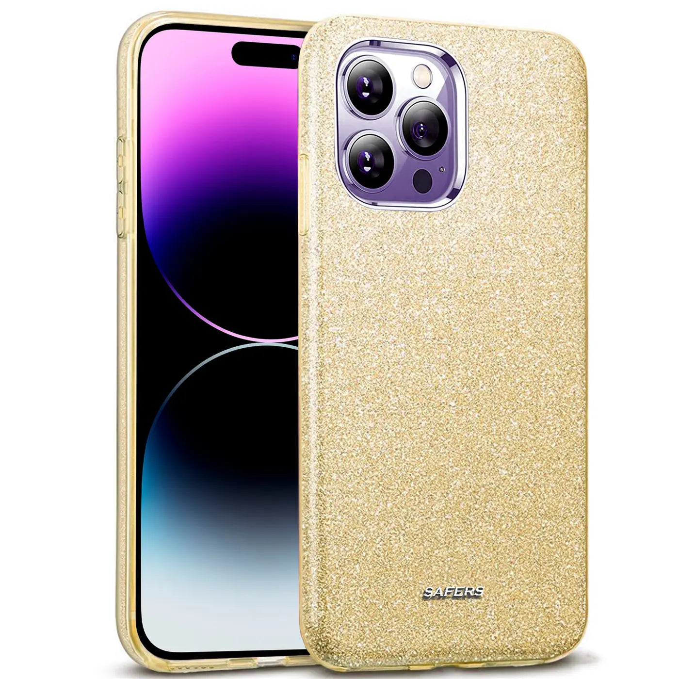 Goldene Glitzer TPU Hülle auf iPhone 14 Pro Max, Seitenansicht.