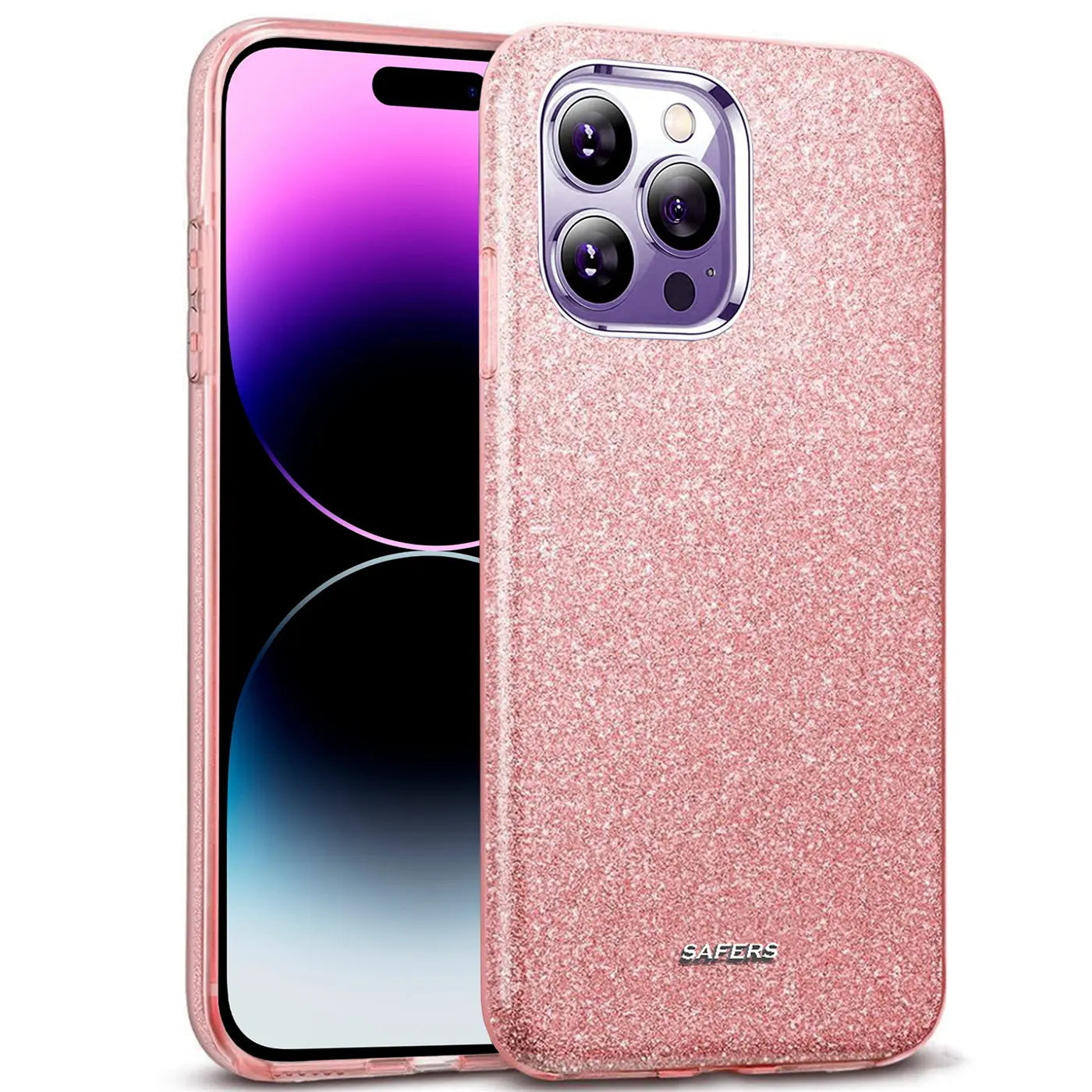 Rosa Glitzer TPU Hülle auf iPhone 14 Pro Max, Seitenansicht.