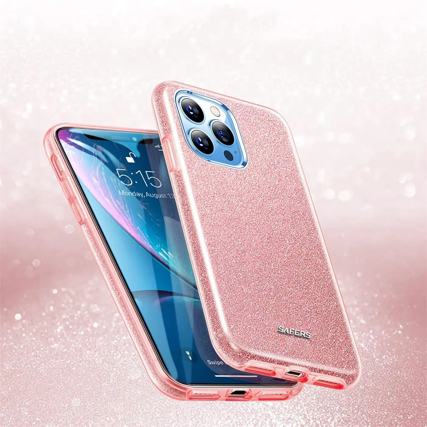 Rosa Glitzer TPU Hülle auf iPhone 14 Pro Max, Seitenansicht.